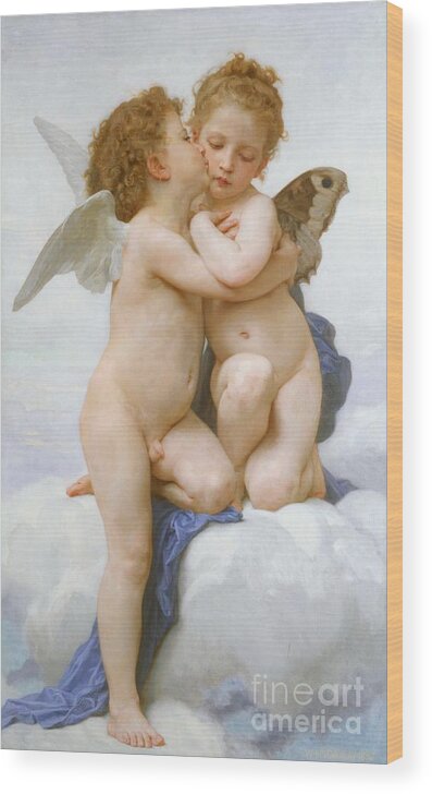 Cherubs Wood Print featuring the painting The First Kiss by William Adolphe Bouguereau