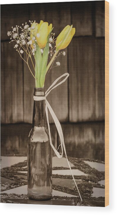 Terry D Photography Wood Print featuring the photograph Yellow Tulips in Glass Bottle Sepia by Terry DeLuco