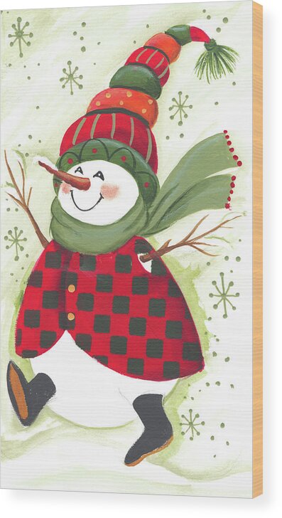 Snowman Wood Print featuring the painting Snowman In Checkered Vest by Beverly Johnston