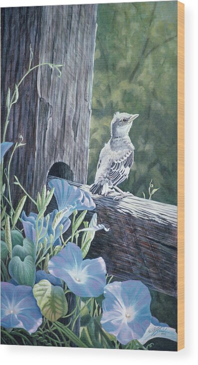 Young Mockingbird On A Fence Post By Morning Glories Wood Print featuring the painting The Fledgling - Young Mockingbird by Wilhelm Goebel