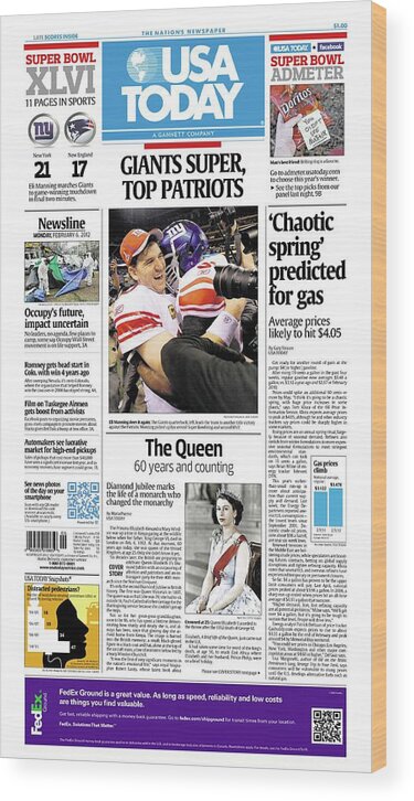 Usa Today Wood Print featuring the digital art 2012 Giants vs. Patriots USA TODAY COVER by Gannett