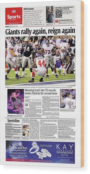 Usa Today Wood Print featuring the digital art 2012 Giants vs. Patriots USA TODAY SPORTS SECTION FRONT by Gannett