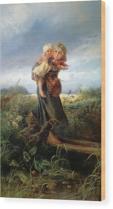 19th Century Wood Print featuring the painting Children Running from the Storm by Konstantin Makovsky