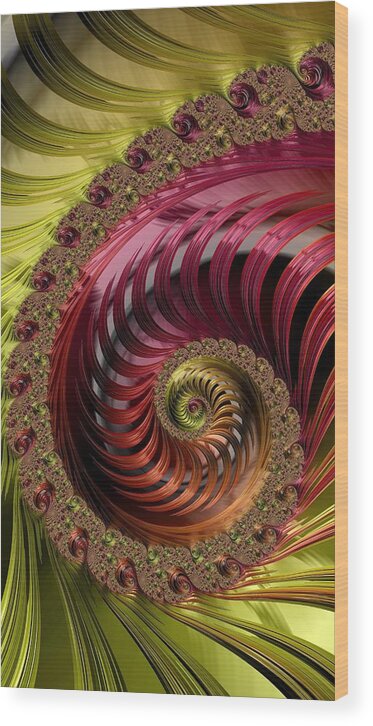 Gold Wood Print featuring the digital art Gold and Ruby Nautilus Shell Fractal by Shelli Fitzpatrick