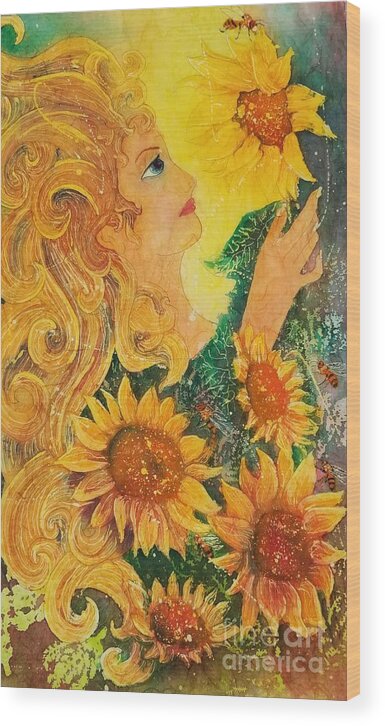 Sunflowers Wood Print featuring the painting Golden Garden Goddess by Carol Losinski Naylor