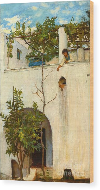 John William Waterhouse Wood Print featuring the painting Lady on a Balcony in Capri by John William Waterhouse