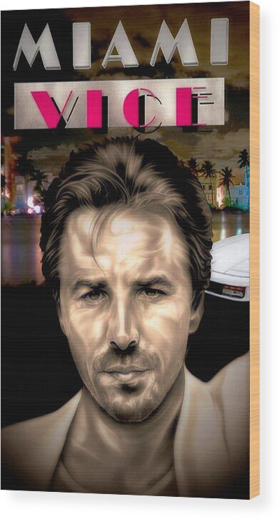 Miami Vice Wood Print featuring the drawing Miami Vice - Sonny Crockett - Poster Edition by Fred Larucci