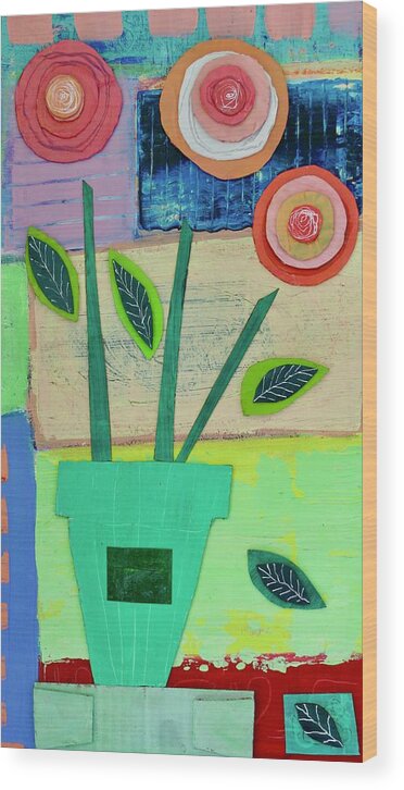 Abstract Wood Print featuring the mixed media Poppies in a green pot by Julia Malakoff