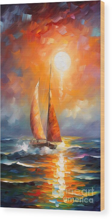 Boats Wood Print featuring the painting Sailboat In A Calm Sunset 3 by Mark Ashkenazi
