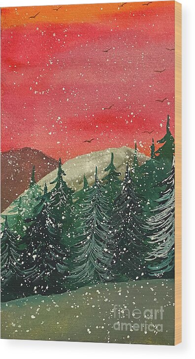 Snowy Wood Print featuring the painting Snowy Sunset by Lisa Neuman