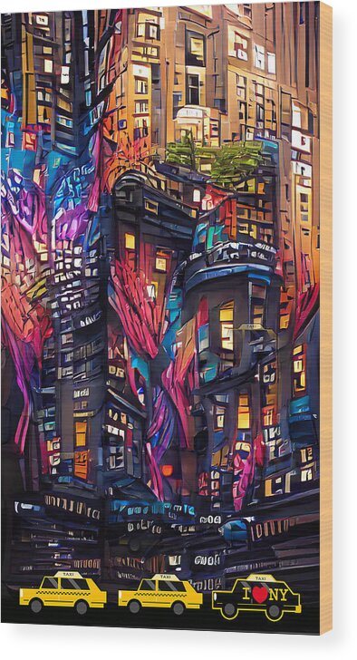 New York Wood Print featuring the digital art Yellow Taxi in New York City by La Moon Art