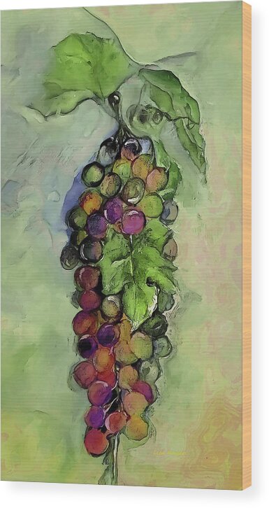 Watercolor Wood Print featuring the mixed media Yummy Grapes With Leaves by Lisa Kaiser