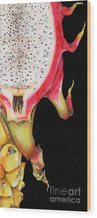Abstract Wood Print featuring the painting dragon fruit red and yellow -Elena Yakubovich by Elena Daniel Yakubovich
