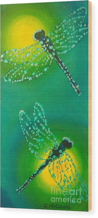 Dragonflies Wood Print featuring the painting Dragonflies Adorned with Morning Dew by Janet McDonald