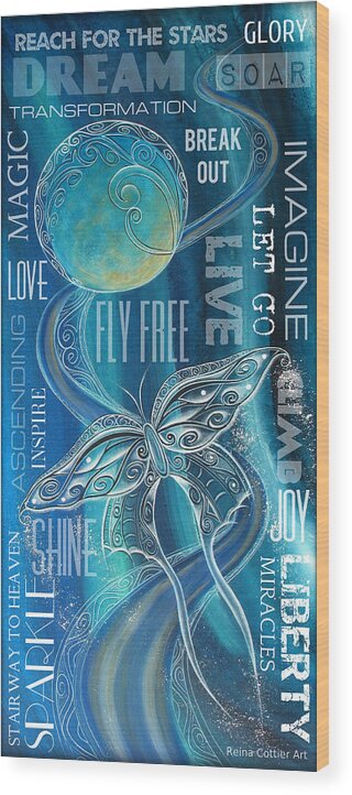 Butterfly Wood Print featuring the painting Fly Free Wordart by Reina Cottier