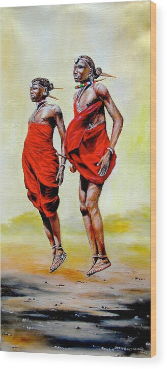 African Paintings Wood Print featuring the painting Jumping Maasai by Joseph Thiongo