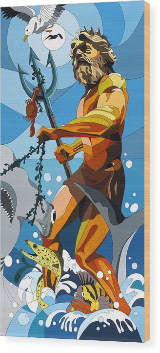Poseidon Wood Print featuring the painting Poseidon - w/hidden pictures by Konni Jensen