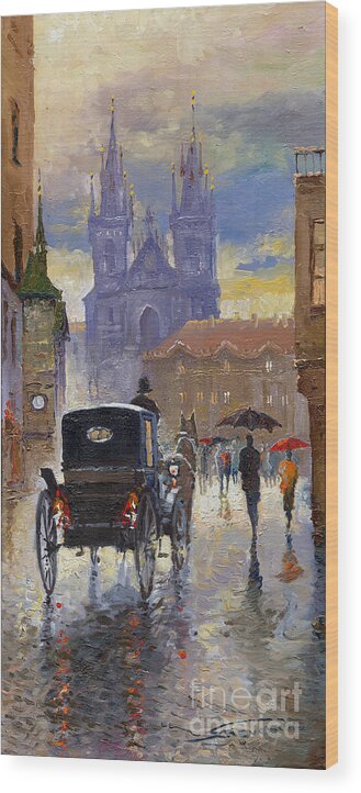 Oil On Canvas Wood Print featuring the painting Prague Old Town Square Old Cab by Yuriy Shevchuk