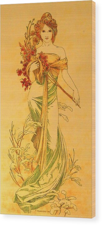 Female Flowers Landscape Woman Mucha Wood Print featuring the painting PRIMAVERA after Mucha by Tony Ruggiero