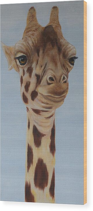 Giraffe Wood Print featuring the painting Stretch by Nancy Lauby