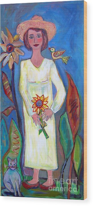 Girl Wood Print featuring the painting Sunflower Day by Marlene Robbins