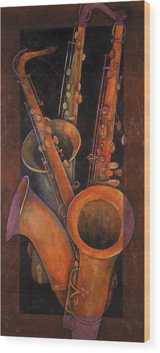 Susanne Clark Wood Print featuring the painting Three Sax by Susanne Clark