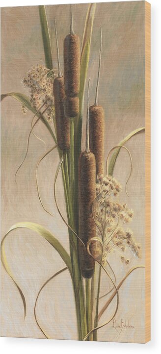 Cattail Wood Print featuring the painting Velvety Cattails by Lucie Bilodeau