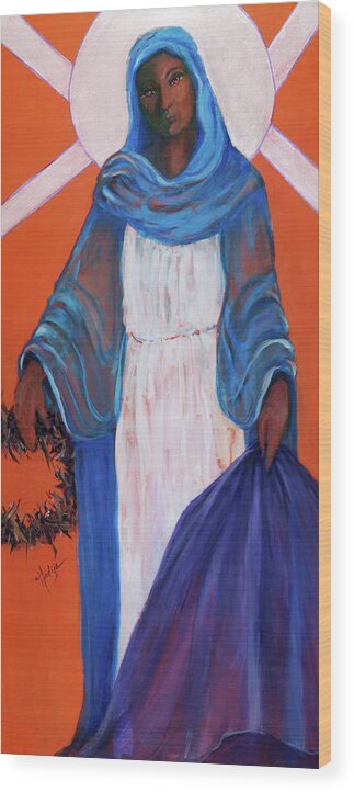 Mother Mary In Sorrow With A Tear Running Down Her Cheek Wood Print featuring the painting Mother Mary in sorrow by Mary DuCharme