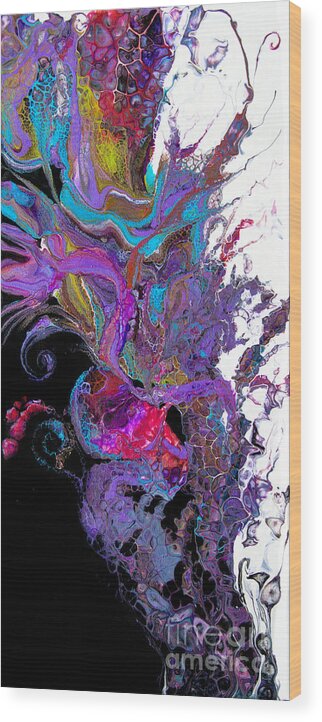 Colorful Airy Graceful Compelling Vibrant Abstract Organic Feeling Black White Purple Blue Spirals Wood Print featuring the painting #3118 Flaura #3118 by Priscilla Batzell Expressionist Art Studio Gallery