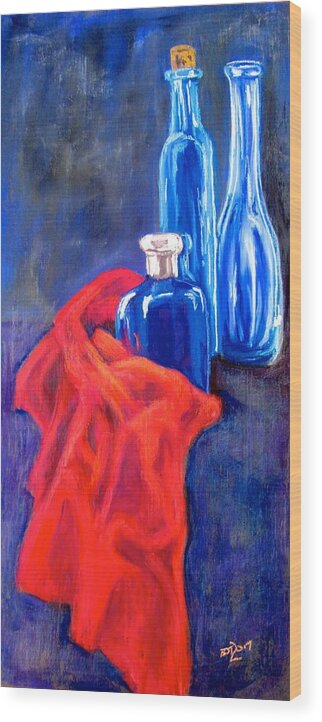 Colored Bottles Wood Print featuring the pastel Blue Bottles with Orange Cloth by Barbara O'Toole