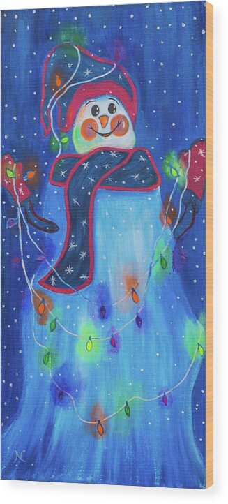 Snowman Wood Print featuring the painting Bright Light Snowman by Neslihan Ergul Colley