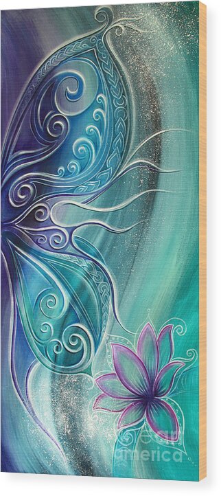 Butterfly Wood Print featuring the painting Butterfly Wing with Lotus by Reina Cottier