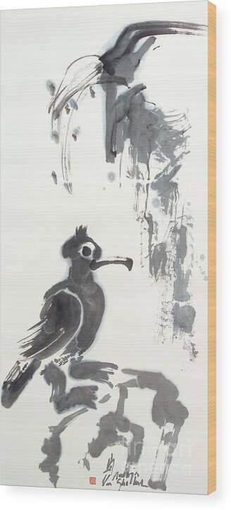 Cormorant Wood Print featuring the painting Cormorant On Rock by Nadja Van Ghelue