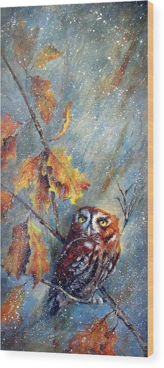 Owl Wood Print featuring the painting First Flurries by Mary McCullah