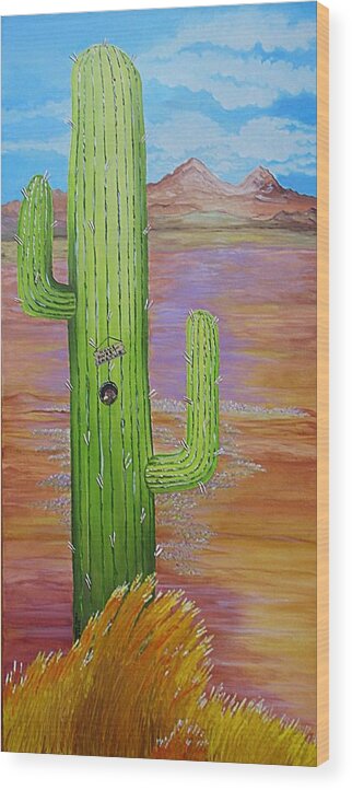 Cactus Wood Print featuring the painting Home Sweet Cactus by Carol Sabo