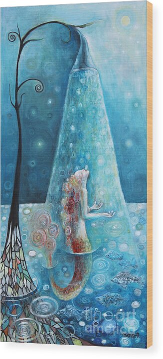 Moon Wood Print featuring the painting Mermaid Shower by Manami Lingerfelt