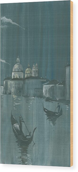 Painting Wood Print featuring the painting Night in Venice. Gondolas by Igor Sakurov