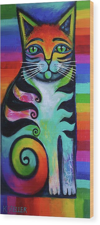 Abstract Cat Feline Kittycat Wood Print featuring the painting Rainbow Kitty 2 by Karin Zeller