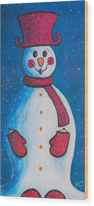 Snowman Wood Print featuring the painting Smiley Snowman by Neslihan Ergul Colley