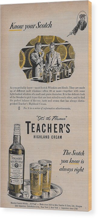 James Smullins Wood Print featuring the mixed media Vintage Teacher's Scotch Whiskey ad 1949 by James Smullins