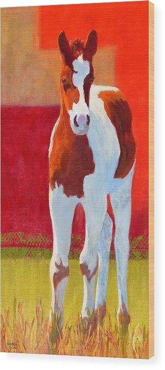 Horse Wood Print featuring the painting Young Pinto by Nancy Jolley