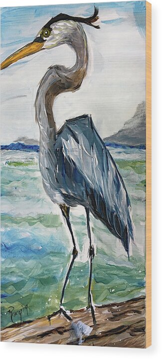 Heron Wood Print featuring the painting Blue Heron by Roxy Rich