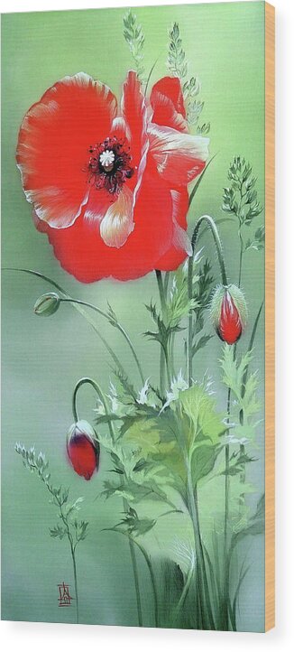 Russian Artists New Wave Wood Print featuring the painting Scarlet Poppy Flower by Alina Oseeva