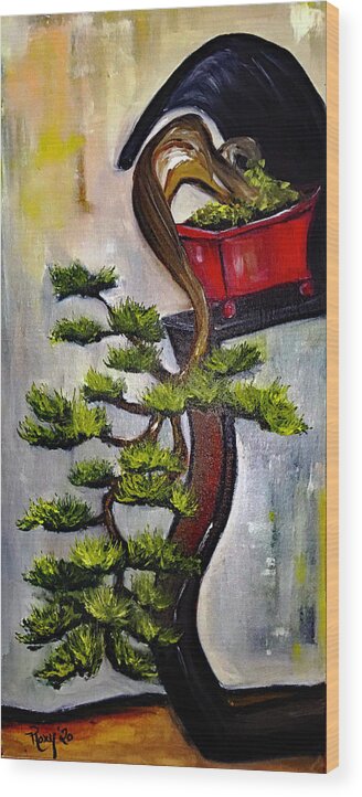 Bonsai Tree Wood Print featuring the painting Cascading Bonsai on a Modern Stand by Roxy Rich