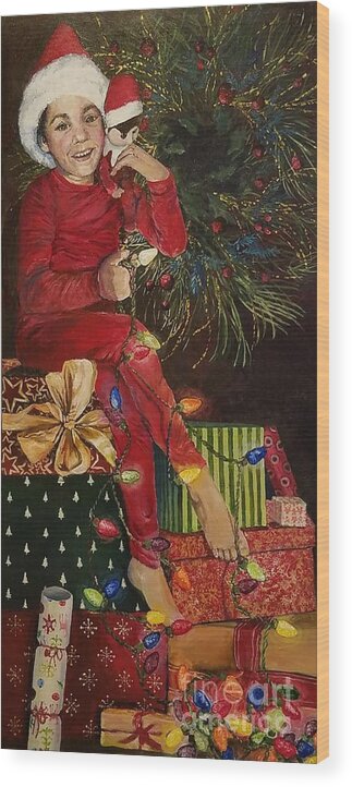 Christmas Wood Print featuring the painting Christmas elves by Merana Cadorette