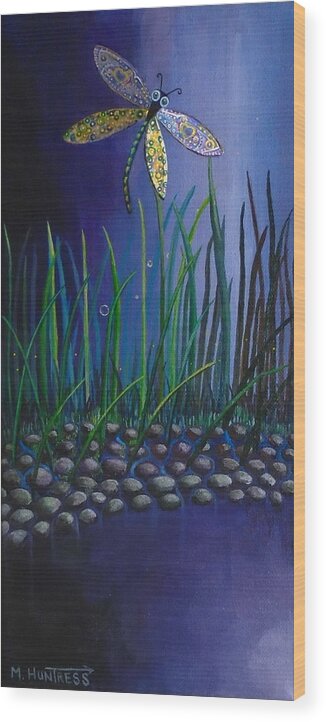 Dragonfly Wood Print featuring the painting Dragonfly at the Bay II by Mindy Huntress