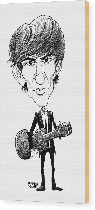 Cartoon Wood Print featuring the drawing George Harrison by Mike Scott