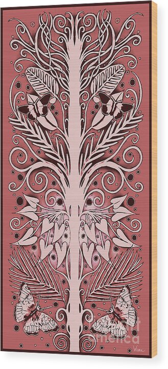 Espalier Tree Wood Print featuring the mixed media Inked French Style Espalier Tree with Butterflies in Brick Red by Lise Winne