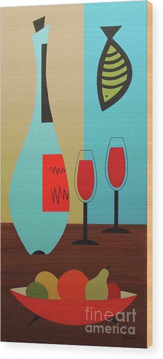 Mid Century Modern Wood Print featuring the mixed media Mid Century Still Life Wine and Fruit Bowl by Donna Mibus