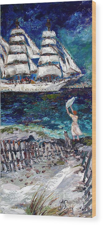 Oil Paintings Of Ships Wood Print featuring the painting Savannah Georgia Waving Girl Chinese Merchant Ship by Ginette Callaway